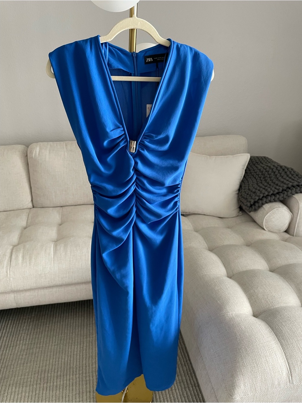 NWT Zara Fitted Ruched Cap Sleeve Midi Metal Bamboo Detail Dress Cobalt Blue